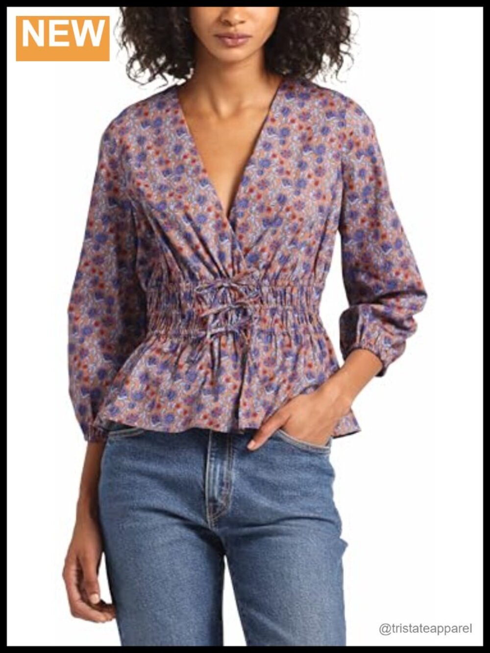 V-Neck Floral Crepe Blouse Women's 3/4 Sleeve Fit Flare